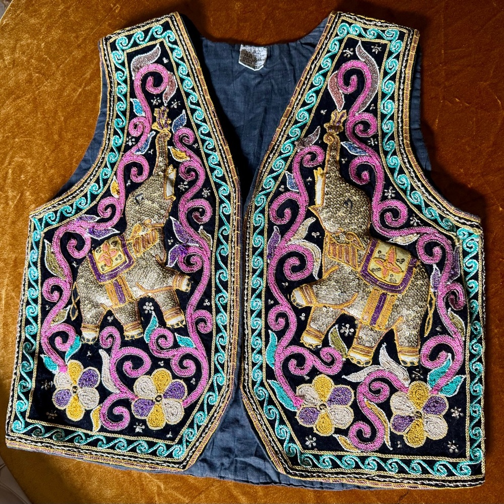 Vintage boho embroidered vest pink blue metallic elephant
